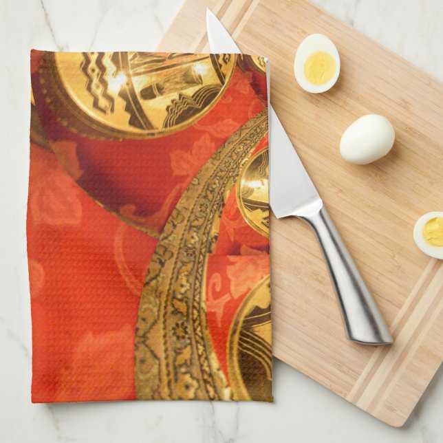 Afrikansk kulturkonst: Rik Golden Red Design Kökshandduk (Vikt i Fjärdedel)