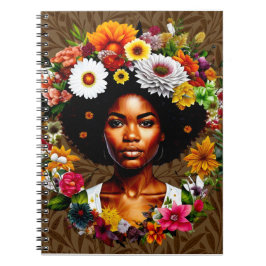 Afrikansk kvinna med blommigt krona anteckningsbok