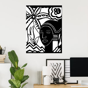 Afrikansk kvinnodjungel abstrakt svart bläck art poster