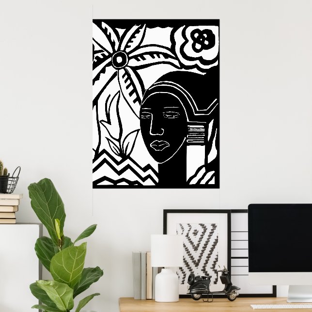 Afrikansk kvinnodjungel abstrakt svart bläck art poster (Hemmakontoret)