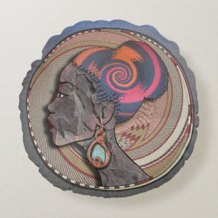 Afrikansk kvinnoprofil på ett vävt basket rund kudde