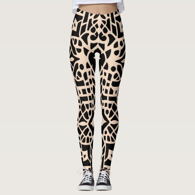 Afrikansk Marocko Beige Geometric Mönster Leggings (Framsida)