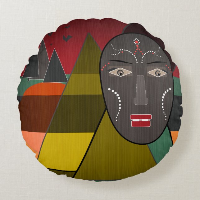 Afrikansk mask rund kudde (Framsidan)