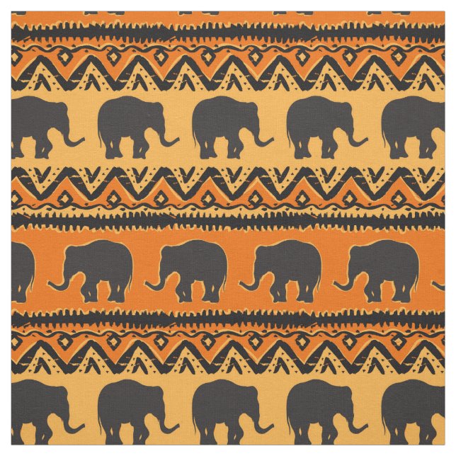 Afrikansk Orange, svart elefant Mönster Tyg (Provkarta)