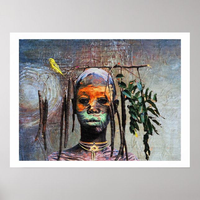 Afrikansk pojke med fågel — Afrosentrisk akvarell Poster (Framsidan)