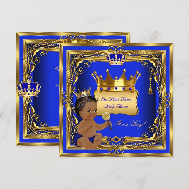 Afrikansk prins Baby Shower Boy Blue Guld Inbjudningar (Fram/baksida)