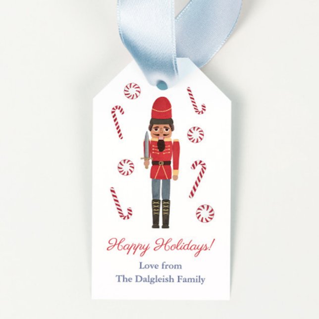 Afrikansk Red Nutcracker Glad helg Presentetikett (African American nutcracker in red and blue uniform with peppermint candies merry christmas gift tag)
