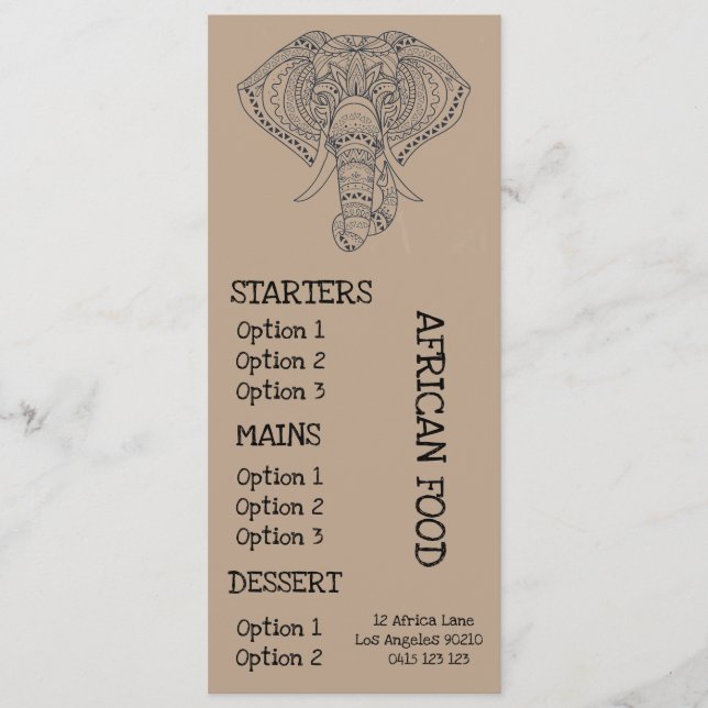 Afrikansk restaurang middagsmeny meny (Framsida)