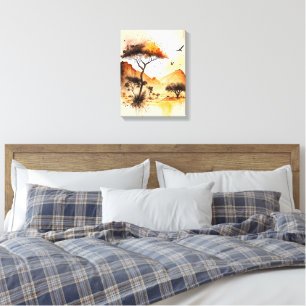 Afrikansk safari Sunset Watercolor med Acacia Träd Canvastryck