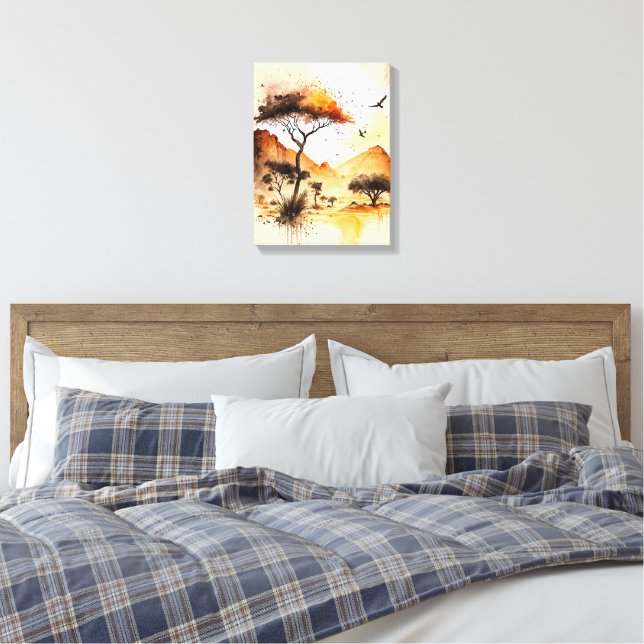 Afrikansk safari Sunset Watercolor med Acacia Träd Canvastryck (Insitu (sovrum))