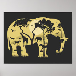 Afrikansk Savanah Elephant Acacia Träd Sunset Nata Poster
