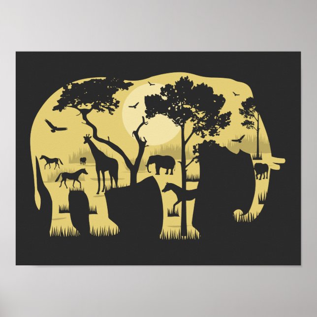 Afrikansk Savann Elefant Akacia Träd Solnedgång Na Poster (Framsidan)