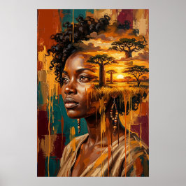 Afrikansk Savann Solnedgång Dubbelexponering Kvinn Poster