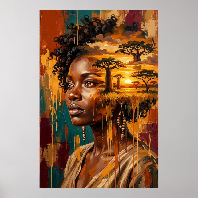 Afrikansk Savann Solnedgång Dubbelexponering Kvinn Poster (Framsidan)