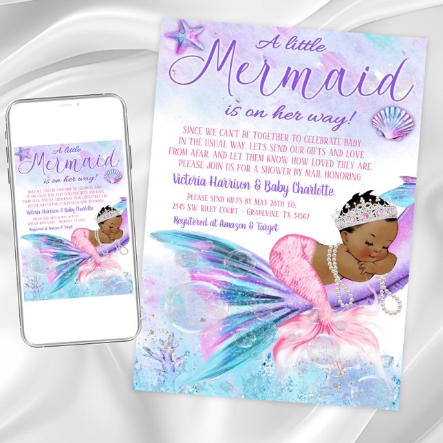 Afrikansk Sjöjungfru Avstånd babyvisare med e-post Inbjudningar (Cute mermaid baby shower invitation. Instant download and printed invitations available.)