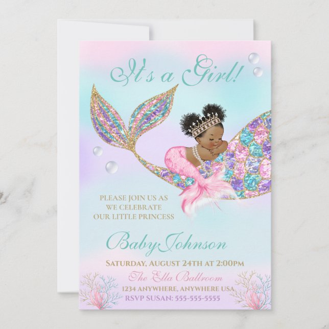 Afrikansk Sjöjungfru Baby SHower Glitter Svan Inbjudningar (Framsida)