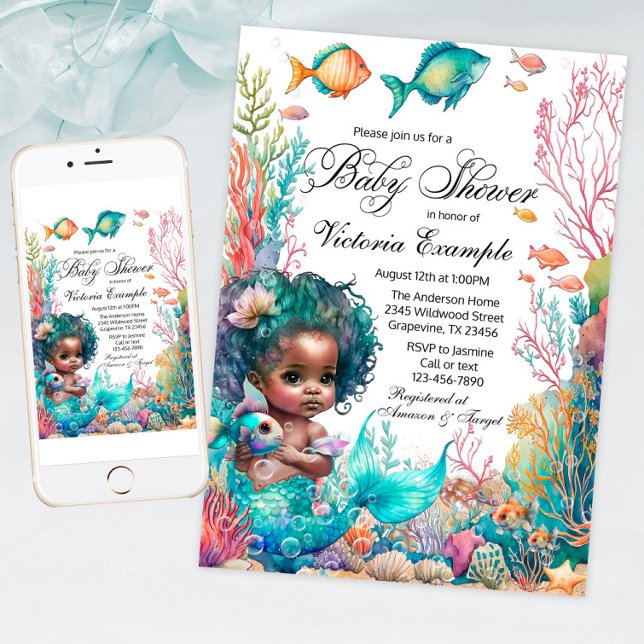Afrikansk sjöjungfru baby shower inbjudningar (Under the sea baby shower invitation with cute African mermaid baby, fish and coral.)