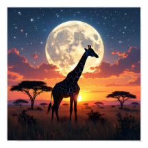 Afrikansk solnedgång Måne Giraff Affisch