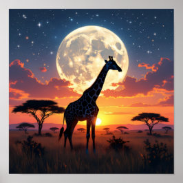 Afrikansk solnedgång Måne Giraff Affisch