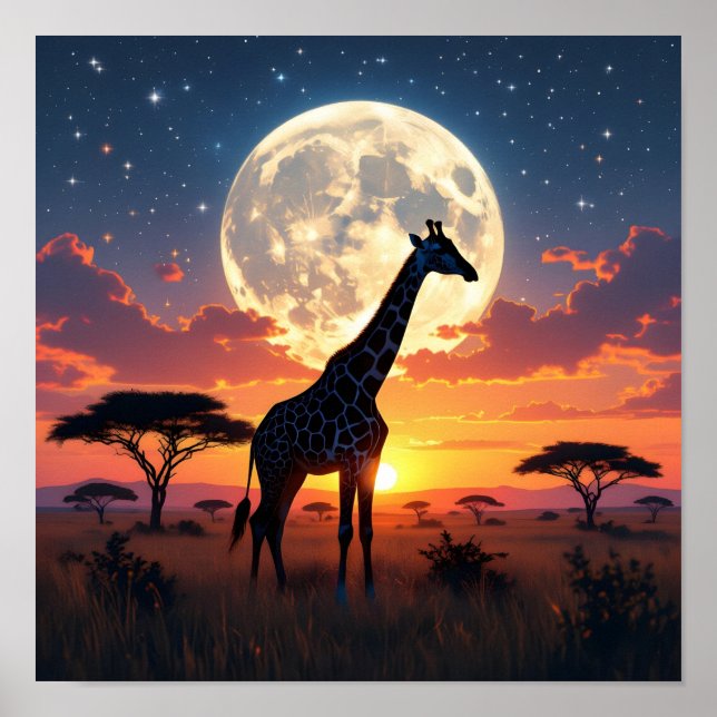 Afrikansk solnedgång Måne Giraff Affisch (Framsidan)