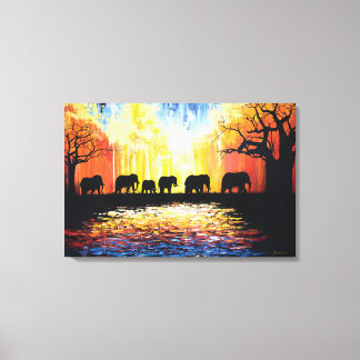 Afrikansk solnedgång och elefanter - oljemålning canvastryck