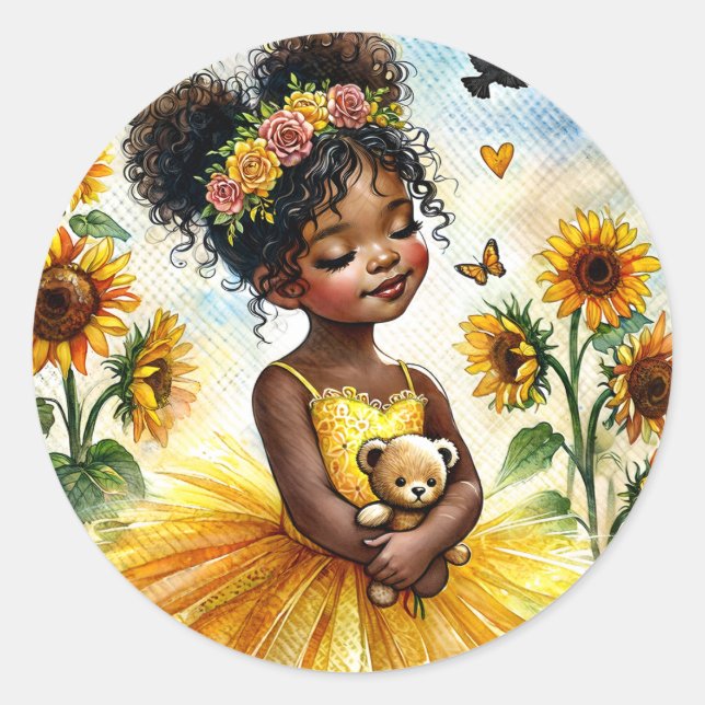 Afrikansk solrosflicka med Nalle Runt Klistermärke (Framsida)