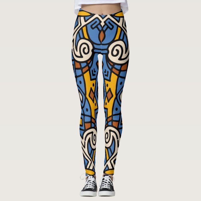 Afrikansk stamfärgad mönster Blue och gult Leggings (Framsida)