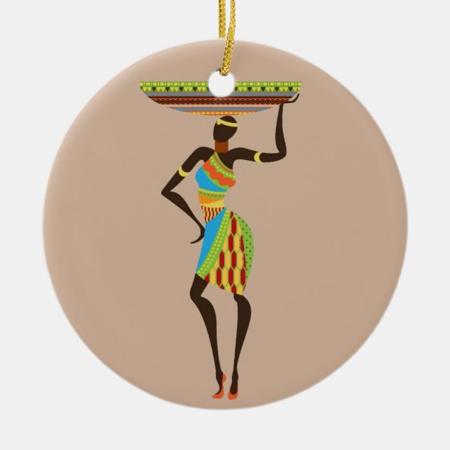 Afrikansk stamkonst Dam med basket Julgransprydnad Keramik (Framsidan)