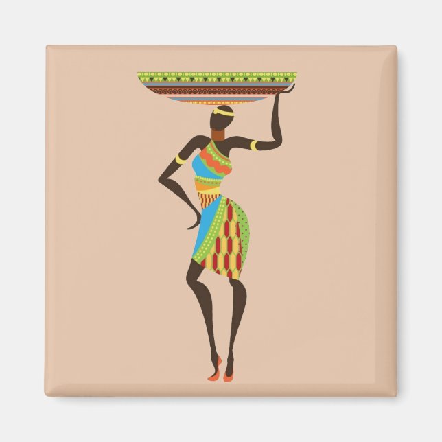 Afrikansk stamkonst Dam med basket Magnet (Framsidan)