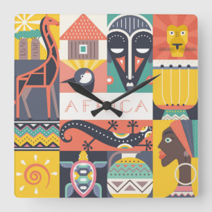 Afrikansk symbolisk konstCollage Fyrkantig Klocka