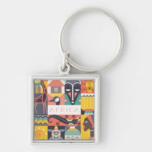 Afrikansk symbolisk konstCollage Fyrkantig Silverfärgad Nyckelring (Framsidan)