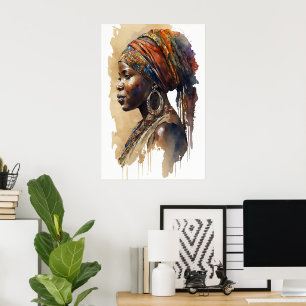 Afrikansk tribal kvinna akvarell porträtt väggkons poster
