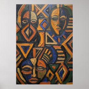 Afrikansk tribal mask geometrisk djärv orange blå poster