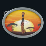 Afrikansk vackra Woman Silhouette på Afrikas Sol<br><div class="desc">Vackra Woman African Silhouette klädd med Vax traditionella Fabric Dress,  med en hand gjord av dekorerat burk,  Walking in the Fantastisk Nature of the African Savanna,  på en varm och fredlig solnedgång. Original Vector Illustration Copyright BluedarkArt ChameleonArt.</div>