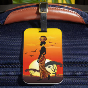 Afrikansk vackra Woman Silhouette på Afrikas Sol Bagagebricka