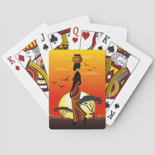 Afrikansk vackra Woman Silhouette på Afrikas Sol Casinokort
