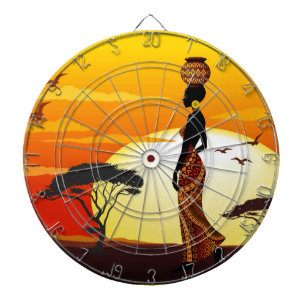 Afrikansk vackra Woman Silhouette på Afrikas Sol Darttavla