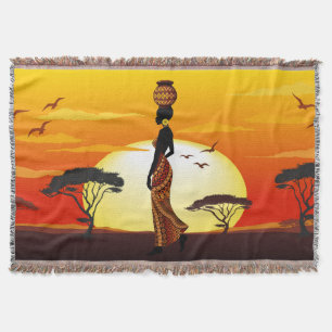 Afrikansk vackra Woman Silhouette på Afrikas Sol Filt