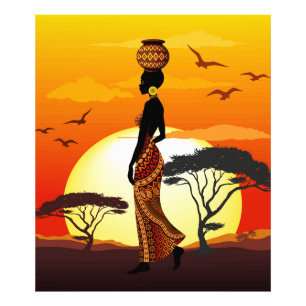 Afrikansk vackra Woman Silhouette på Afrikas Sol Fototryck
