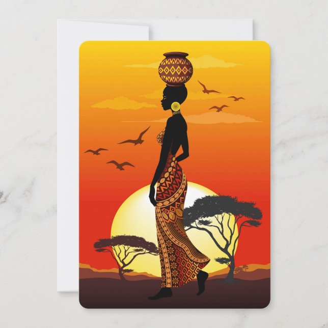 Afrikansk vackra Woman Silhouette på Afrikas Sol Inbjudningar (Framsida)