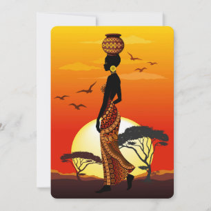 Afrikansk vackra Woman Silhouette på Afrikas Sol Inbjudningar