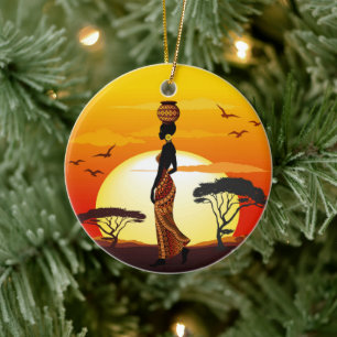Afrikansk vackra Woman Silhouette på Afrikas Sol Julgransprydnad Keramik