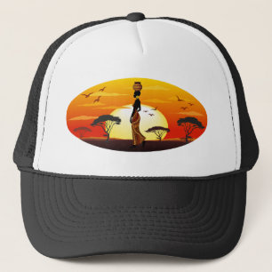 Afrikansk vackra Woman Silhouette på Afrikas Sol Keps