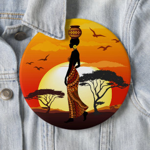 Afrikansk vackra Woman Silhouette på Afrikas Sol Knapp