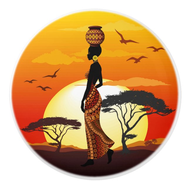 Afrikansk vackra Woman Silhouette på Afrikas Sol Knopp (Framsidan)