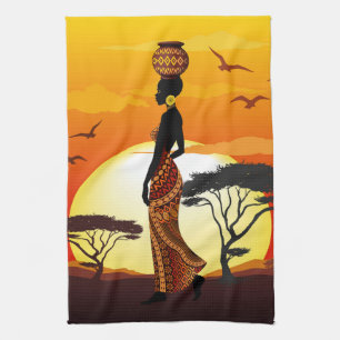 Afrikansk vackra Woman Silhouette på Afrikas Sol Kökshandduk