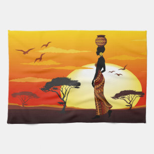 Afrikansk vackra Woman Silhouette på Afrikas Sol Kökshandduk