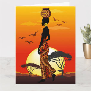 Afrikansk vackra Woman Silhouette på Afrikas Sol Kort