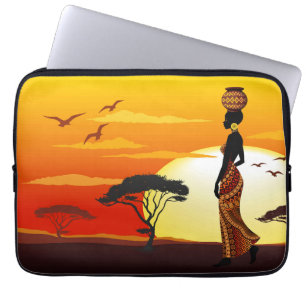Afrikansk vackra Woman Silhouette på Afrikas Sol Laptop Fodral
