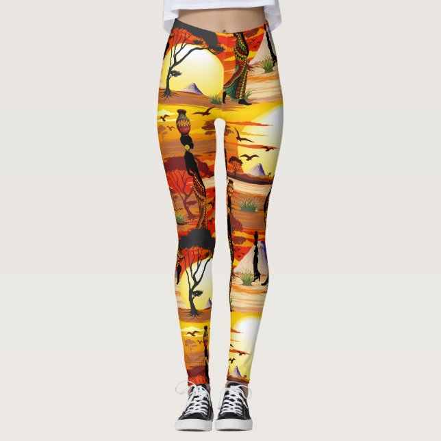 Afrikansk vackra Woman Silhouette på Afrikas Sol Leggings (Framsida)